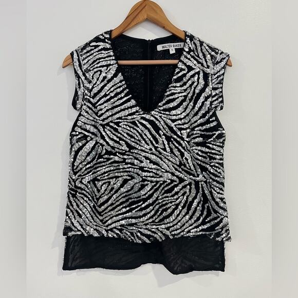 Walter Baker Zebra Print Sequin Hi Low Blouse Small - Picture 1 of 8